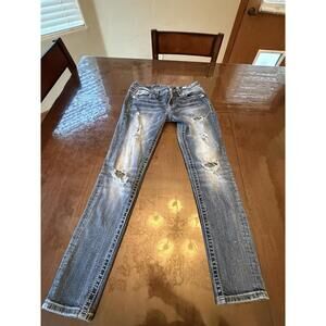 Miss Me Woman’s 28 Blue Mid Rise Easy Skinny Angel Wings Jeans 28x31 Distressed